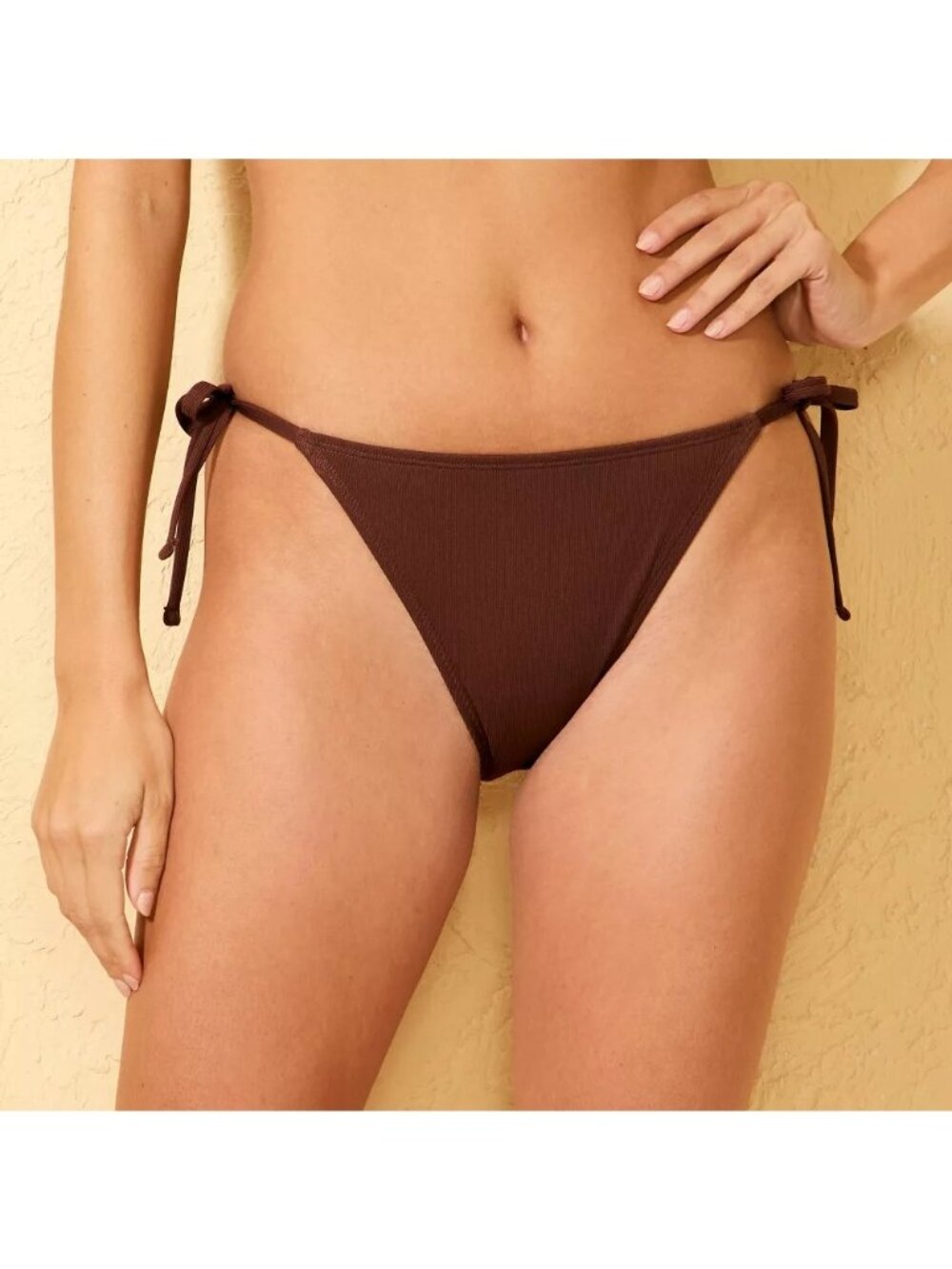 NEW Shade & Shore Ribbed Side-Tie Cheeky Coverage Bikini Bottom - Brown - Size S
